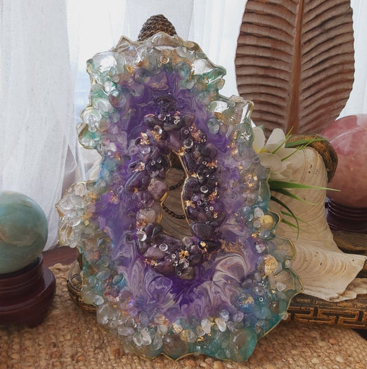 Amethyst & Clear Quartz Gemstone & Resin Geode Decor (GEO2)