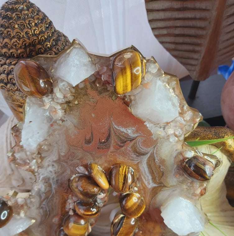 Tiger Eye, Calcite & Moonstone Crystal Resin Geode Decor (GEO5)