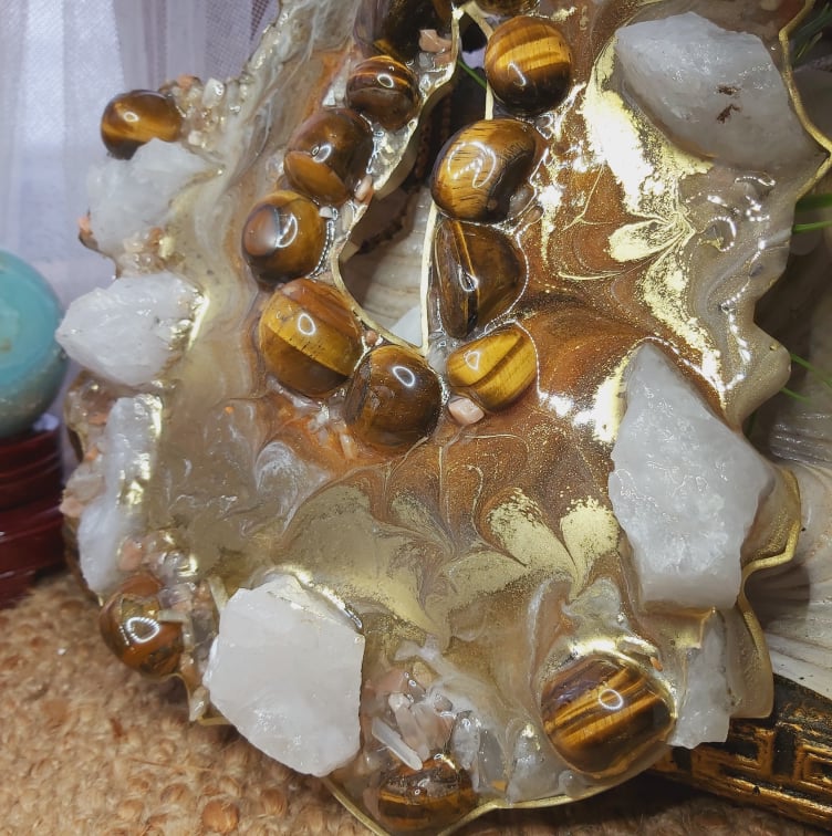 Tiger Eye, Calcite & Moonstone Crystal Resin Geode Decor (GEO5)