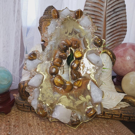 Tiger Eye, Calcite & Moonstone Crystal Resin Geode Decor (GEO5)