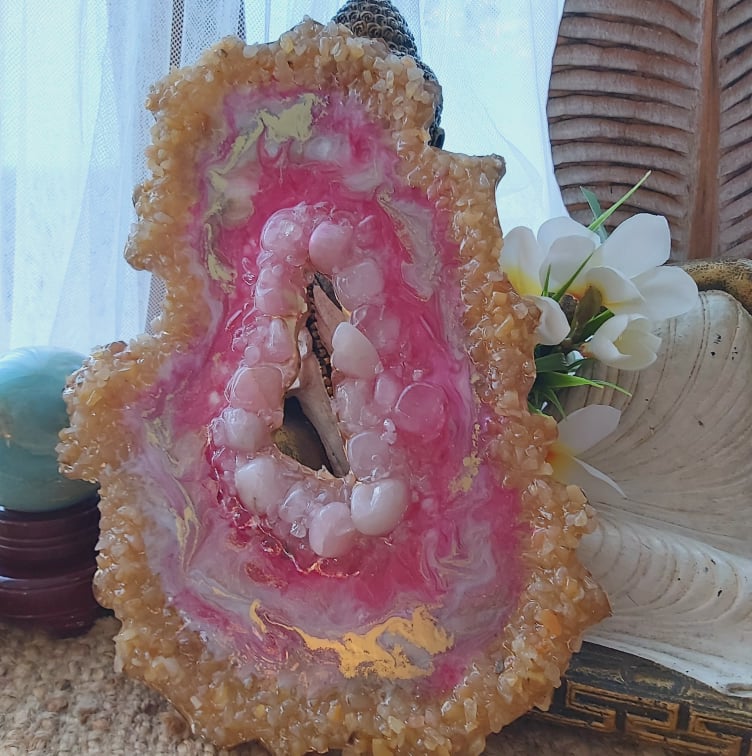 Golden Healer & Rose Quartz Crystal Resin Geode Decor (GEO7)
