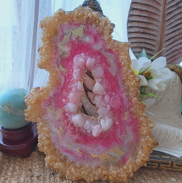 Golden Healer & Rose Quartz Crystal Resin Geode Decor (GEO7)