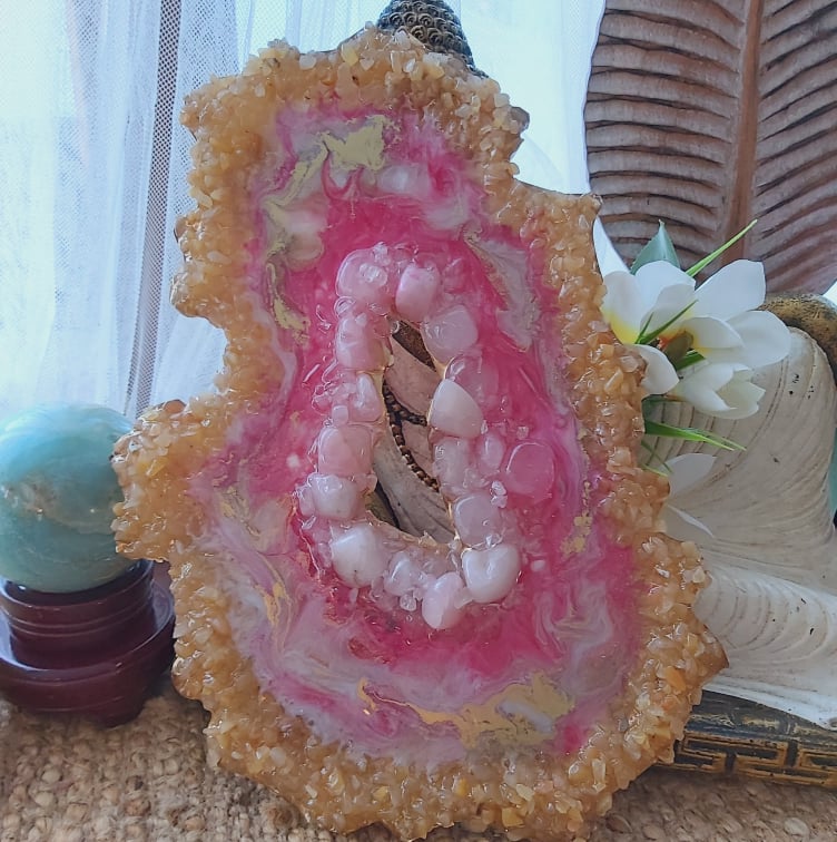 Golden & Rose Quartz Crystal Resin Geode (GEO7)