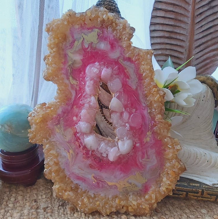 Golden & Rose Quartz Crystal Resin Geode (GEO7)