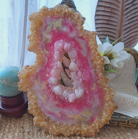 Golden Healer & Rose Quartz Crystal Resin Geode Decor (GEO7)