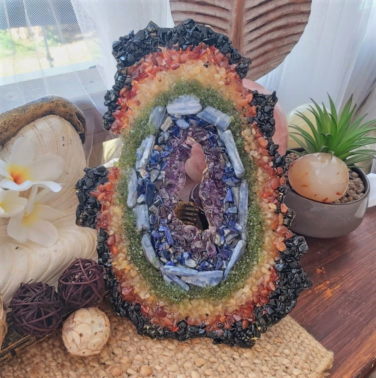 Handmade Large Chakra Crystal Resin Geode (GEO8)