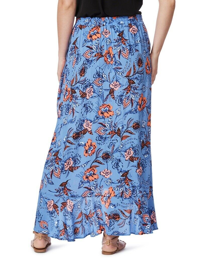 Blue Floral Soft Viscose Elastic Waist At Back Ruffle Hem Maxi Skirt