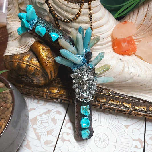 Handmade Zoway Blue Caribbean Calcite & Turquoise Crystal Wand (#162)