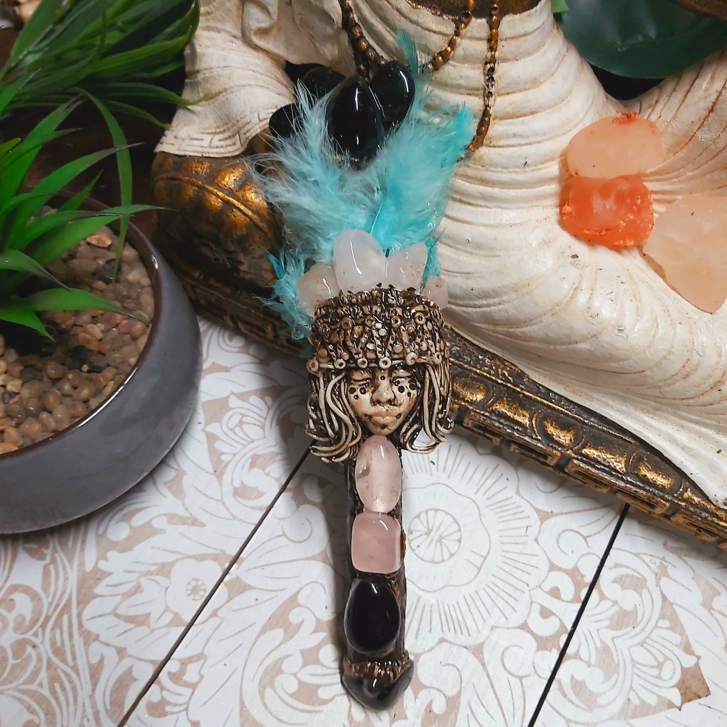 Handmade Lukane Rose Quartz & Black Obsidian Gemstone Crystal Wand (#167)