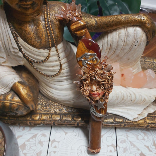 Handmade Zakalu Mookaite, Tiger Eye & Clear Quartz Gemstone Crystal Wand (#175)