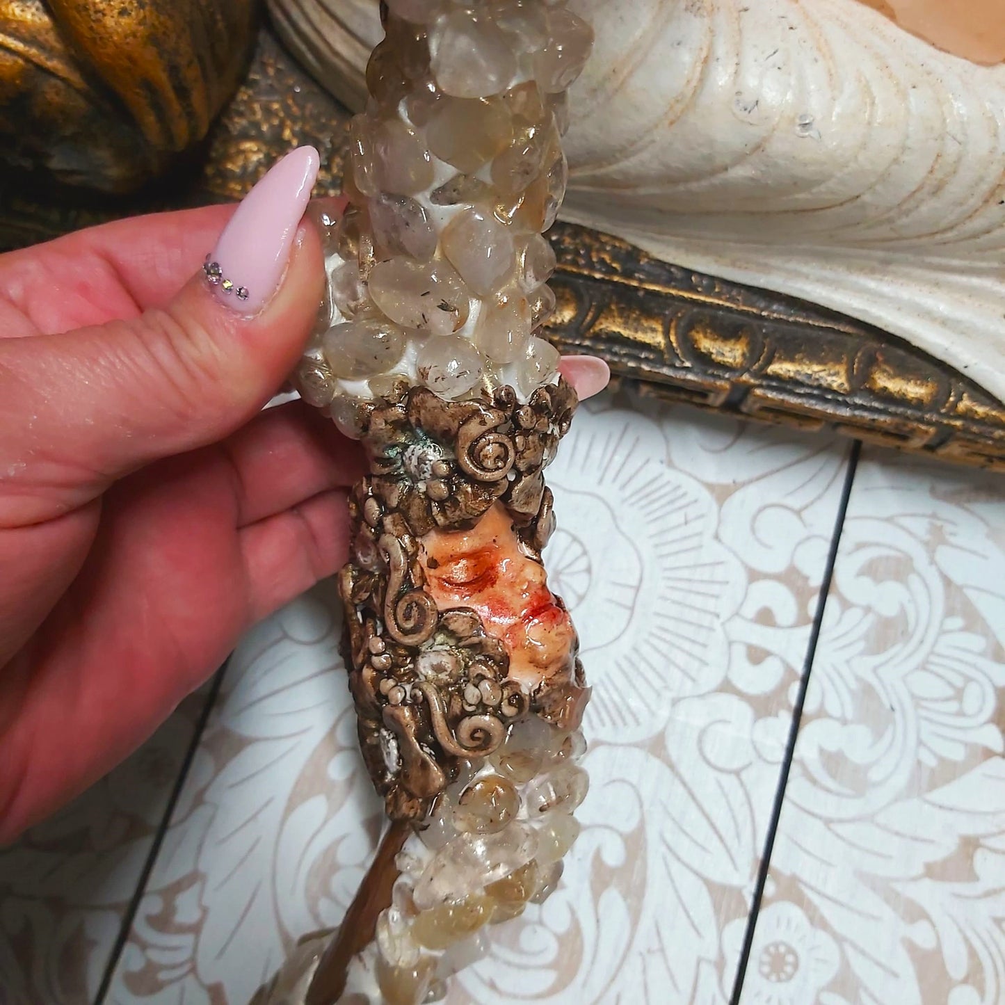 Handmade Nikati Golden Healer Quartz Gemstone Crystal Wand (#181)
