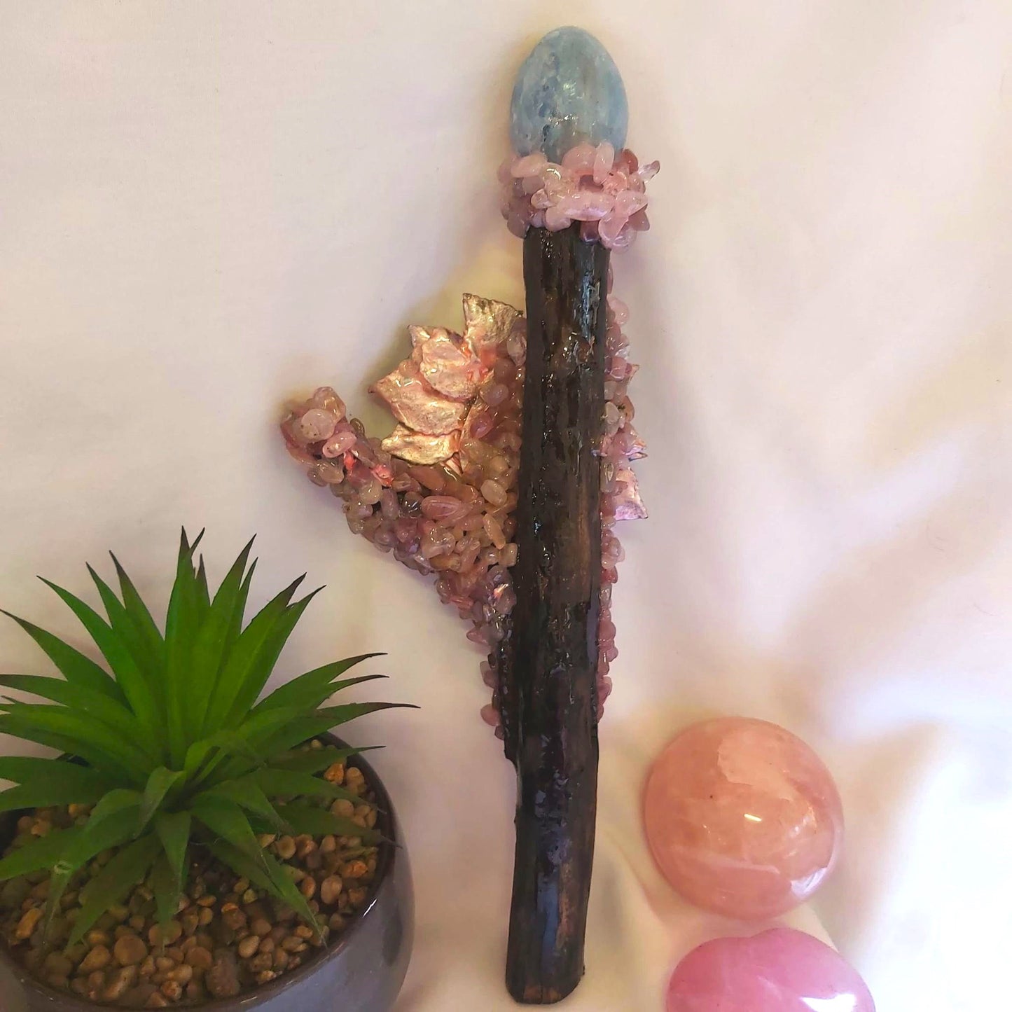 Maia Rose Quartz & Calcite Gemstone Crystal Healing Wand (#187)