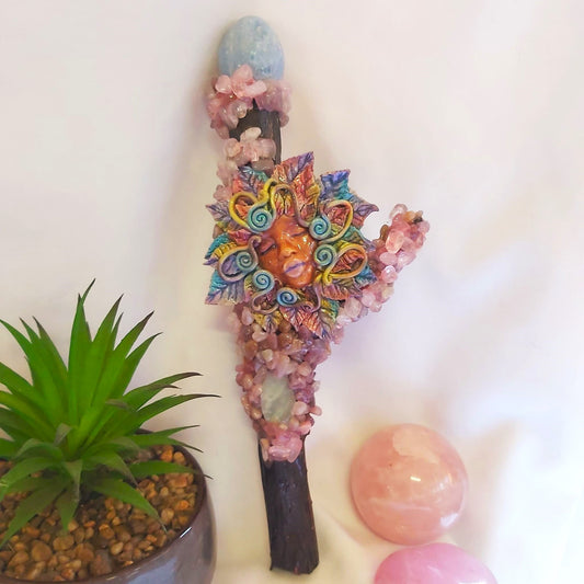 Maia Rose Quartz & Calcite Gemstone Crystal Healing Wand (#187)