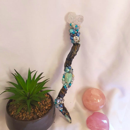 Clear Quartz & Caribbean Calcite Gemstone Crystal Healing Wand (#195)