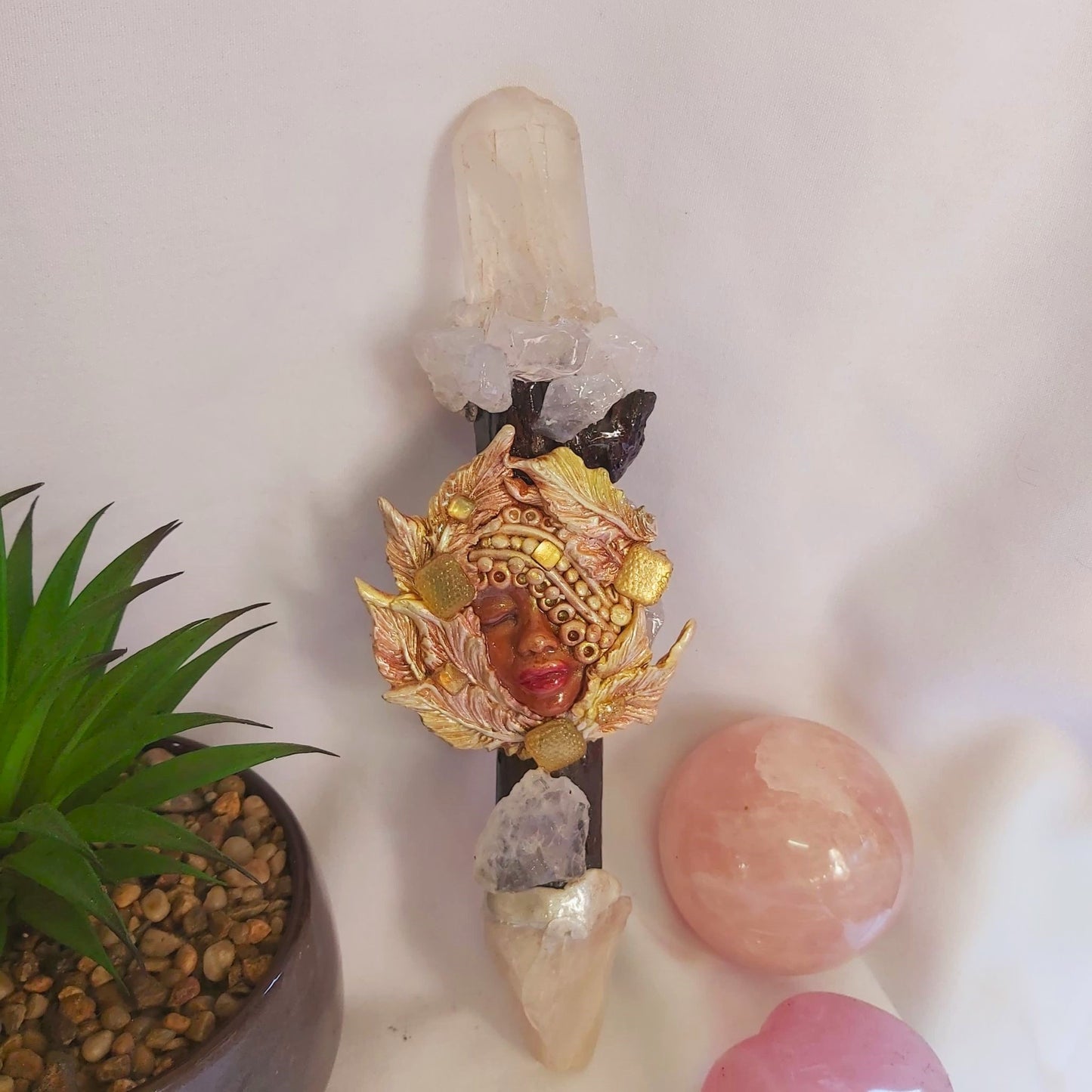 Wamooya Clear Quartz & Moonstone Gemstone Crystal Healing Wand (#197)