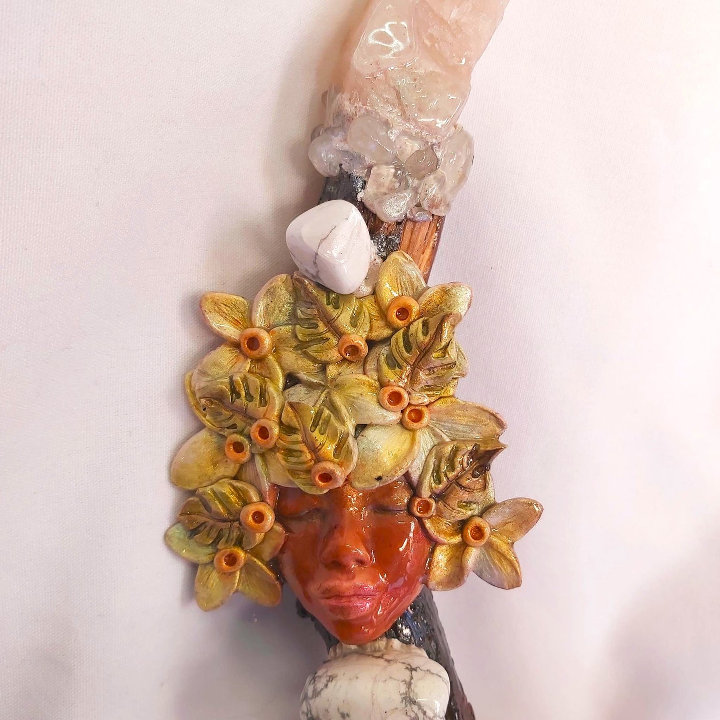 Handmade Pele Clear Quartz & Howlite Gemstone Crystal Healing Wand (#200)