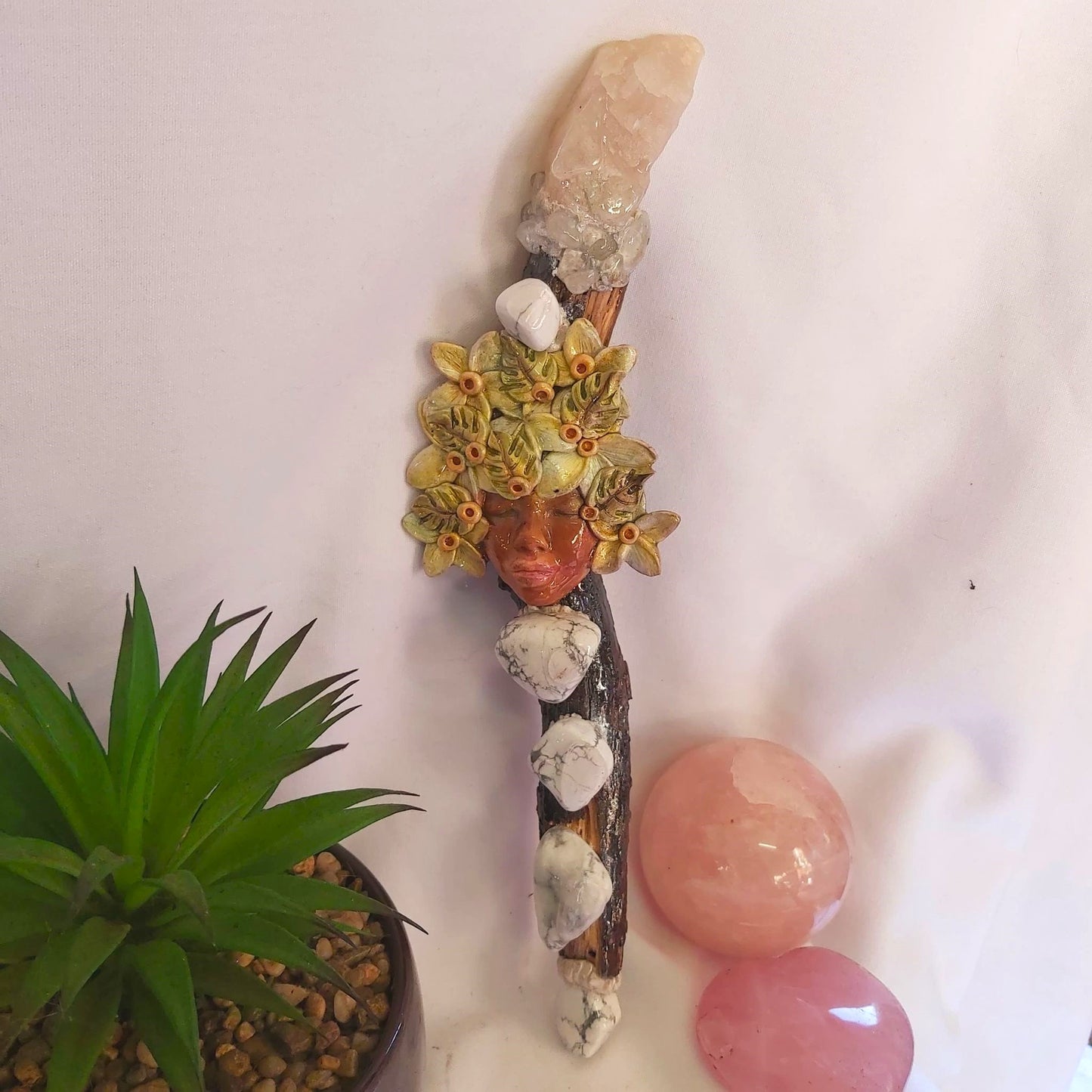 Handmade Pele Clear Quartz & Howlite Gemstone Crystal Healing Wand (#200)