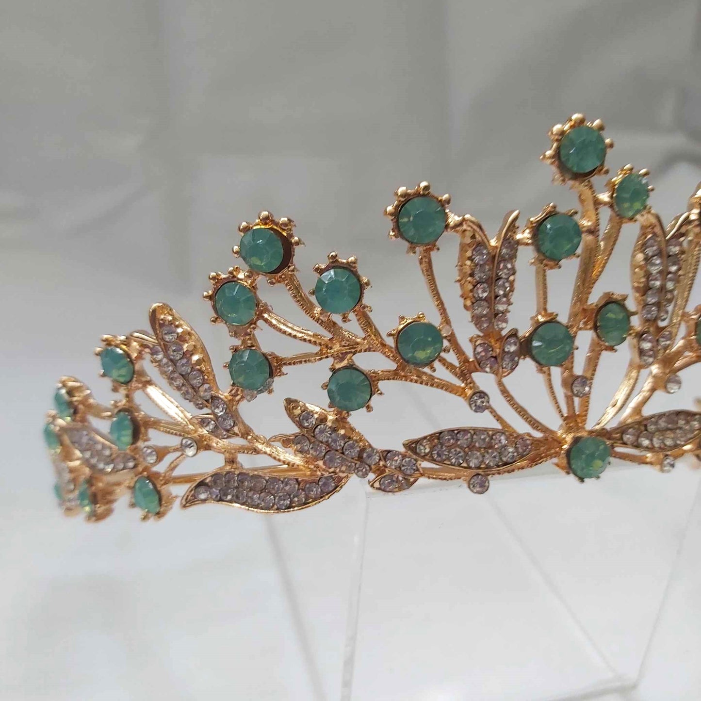 Green Rhinestones Crown Tiara Baroque Handmade (CR35)