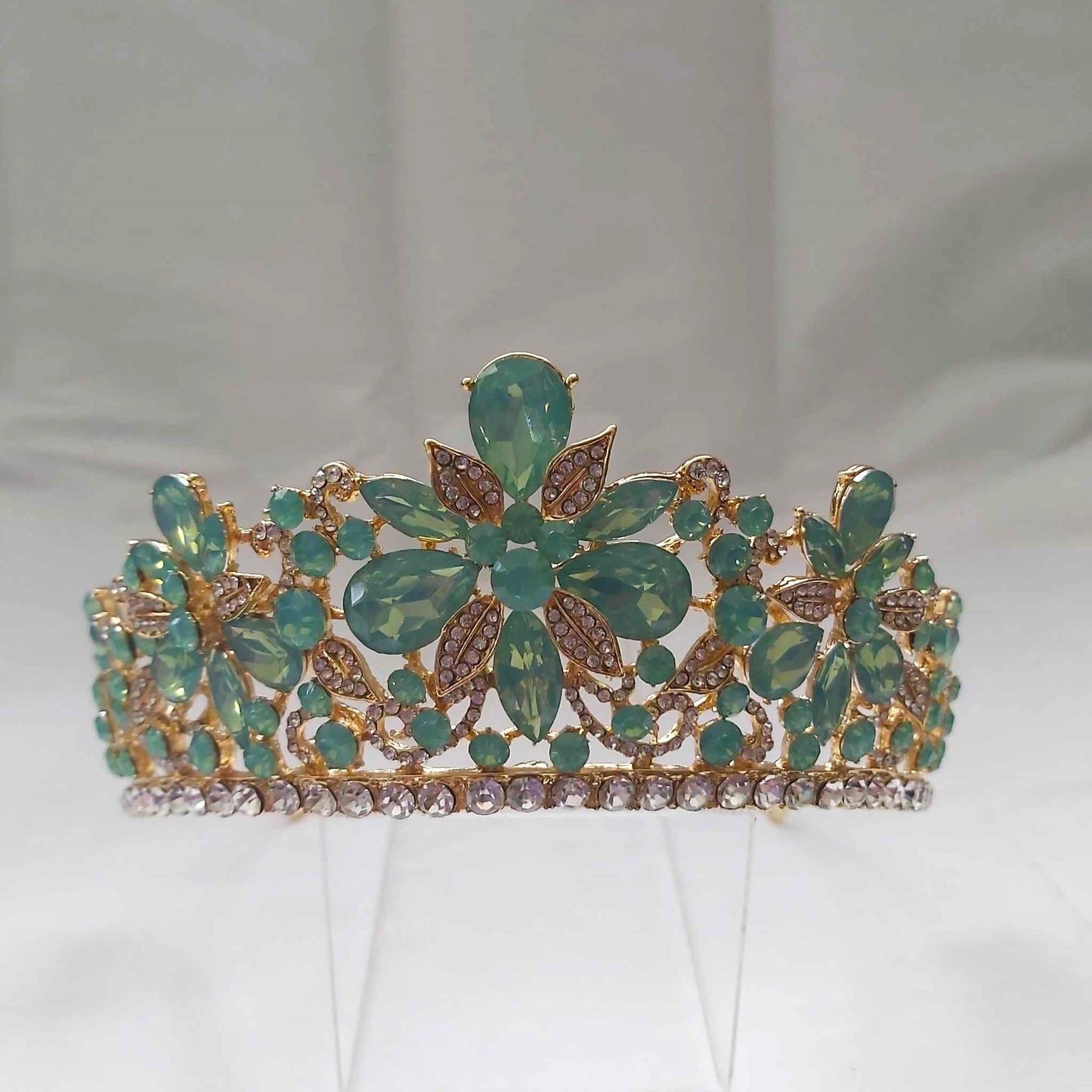 Green Rhinestones Crown Tiara Baroque (CR37)