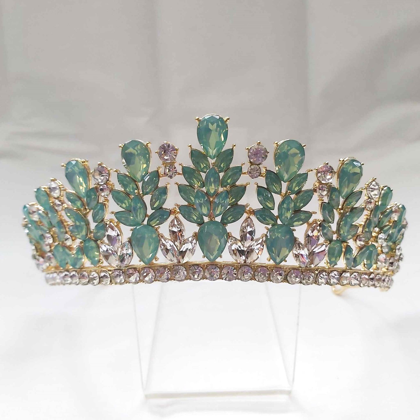 Green Rhinestones Crown Tiara Baroque Handmade (CR38)