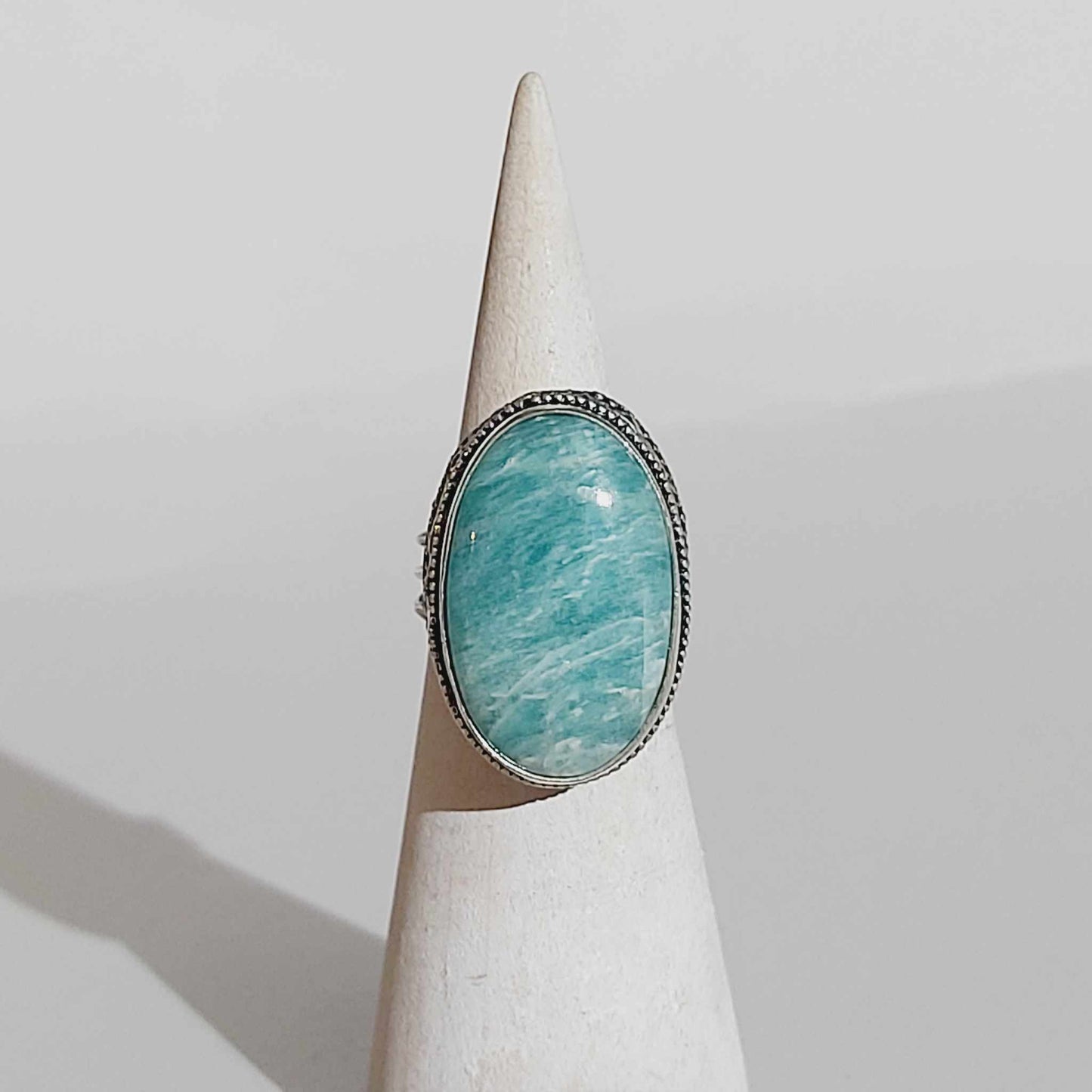 Amazonite Speaking Ones Truth Ring 925 Sterling Silver Plated US 7 (E1638)