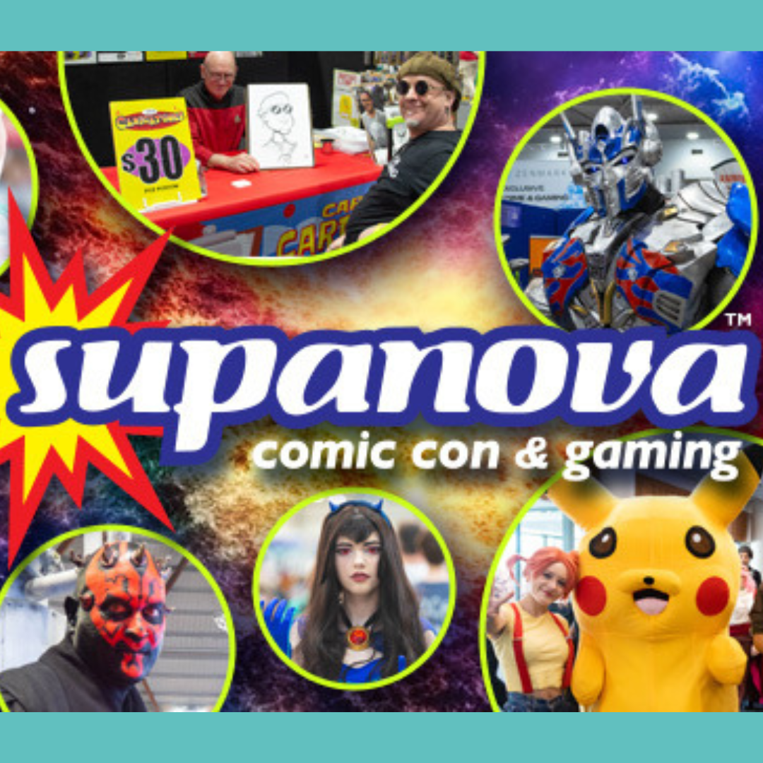 A poster for an upcoming event: Supanova Comic Con and Gaming Event Gold Coast between 13th to 14th April 2024 at the Gold Coast Convention Centre