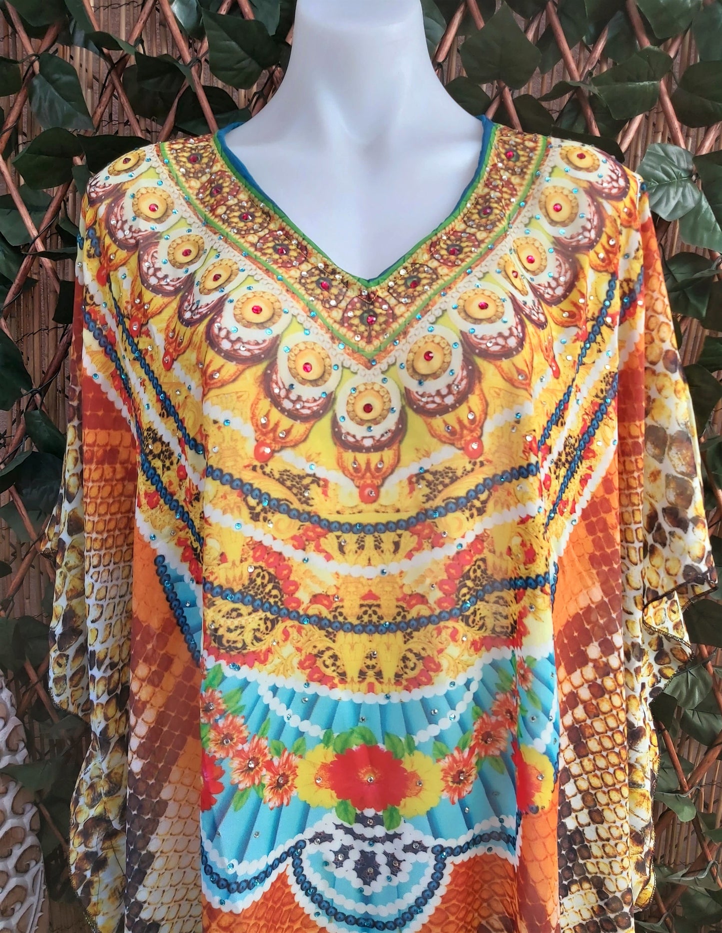 Relax Fit Bohemian Sheer Round Hem Embellished Multi-Colour Kaftan One Size Fits All 12 to 16