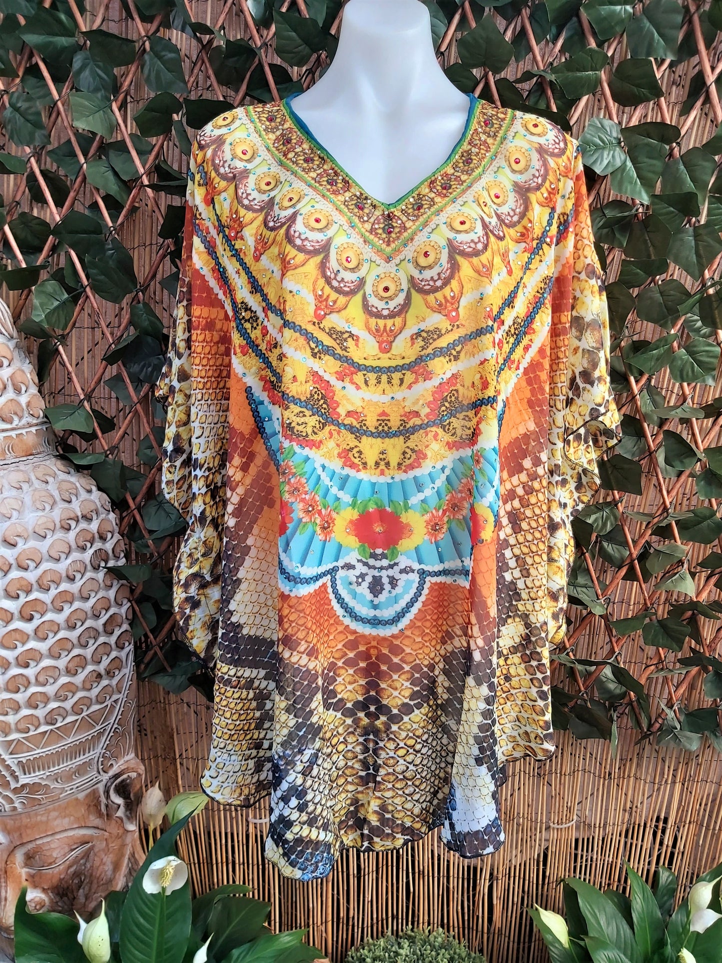 Relax Fit Bohemian Sheer Round Hem Embellished Multi-Colour Kaftan One Size Fits All 12 to 16