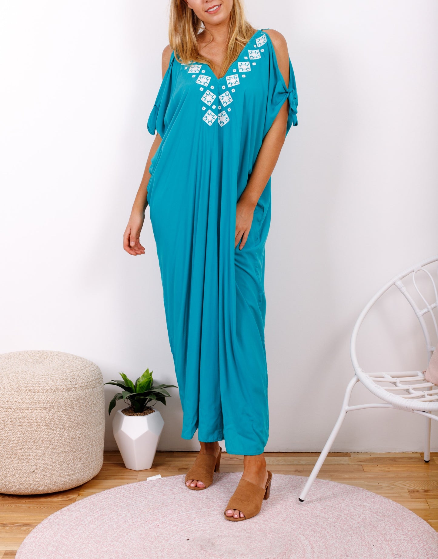 Green Turquoise Cold Shoulder Relax Fit Bohemian Kaftan One Size 16 to 20