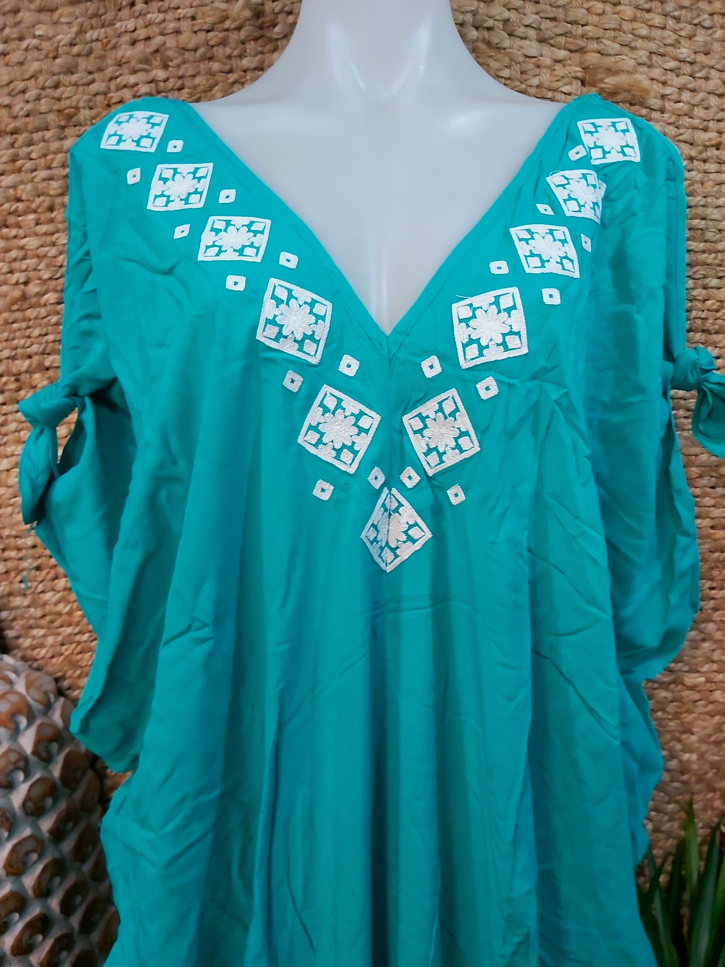 Green Turquoise Cold Shoulder Relax Fit Bohemian Kaftan One Size 16 to 20