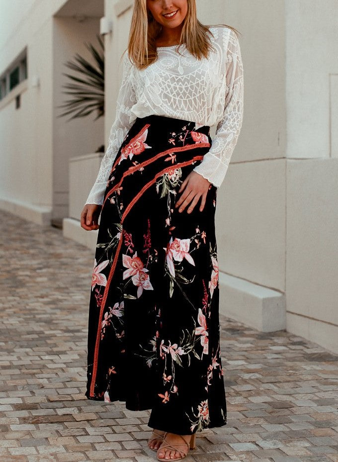 Bohemian Relaxed Navy Blue Floral Long Maxi Skirt