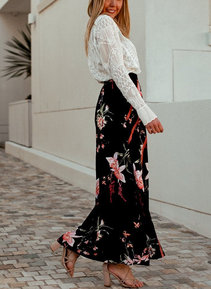 Bohemian Relaxed Navy Blue Floral Long Maxi Skirt