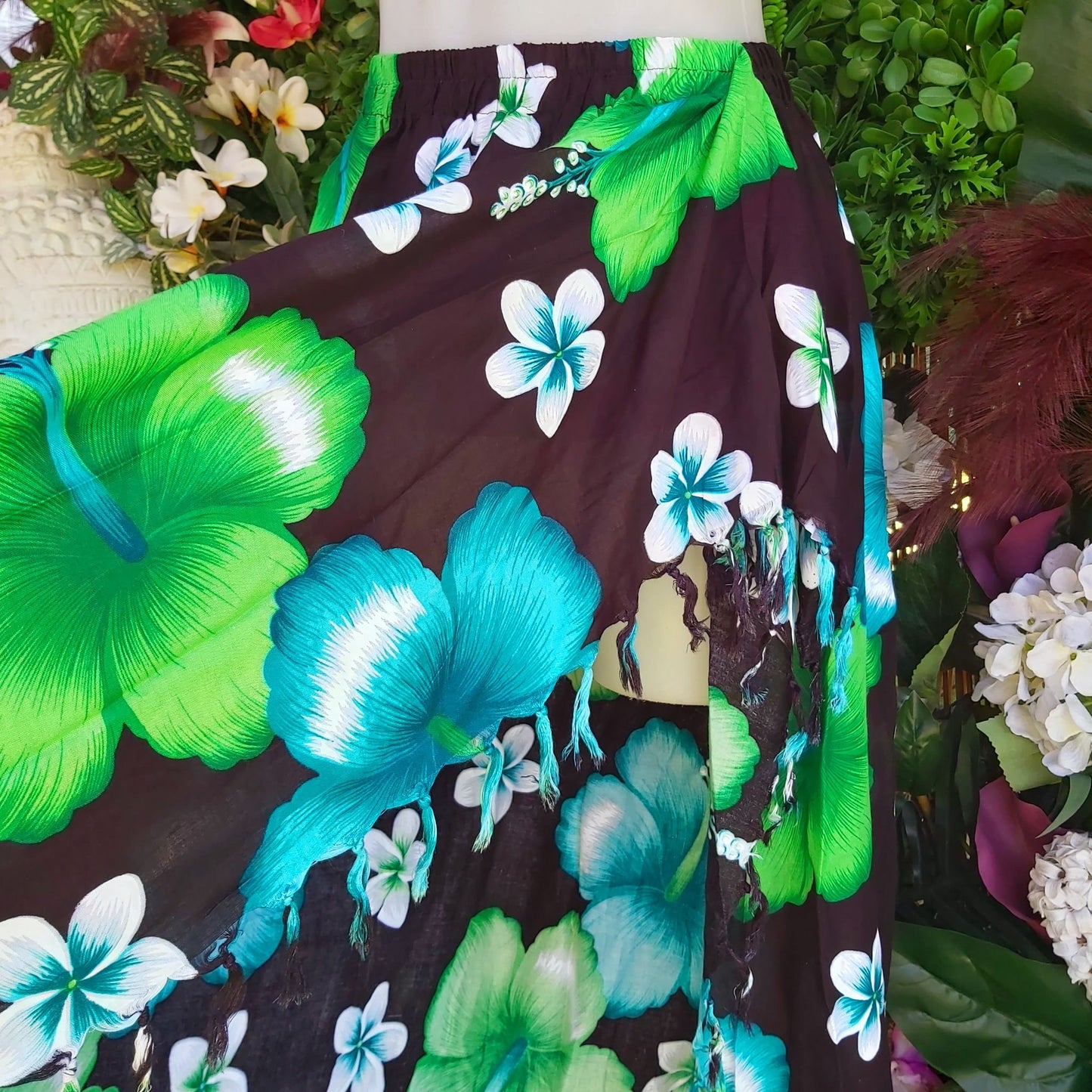 Polynesian Floral Long Green Sarong Maxi Skirt Size 12-14