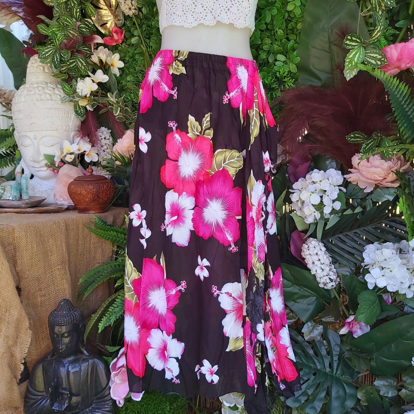 Polynesian Floral Long Red Sarong Maxi Skirt Size 12-14