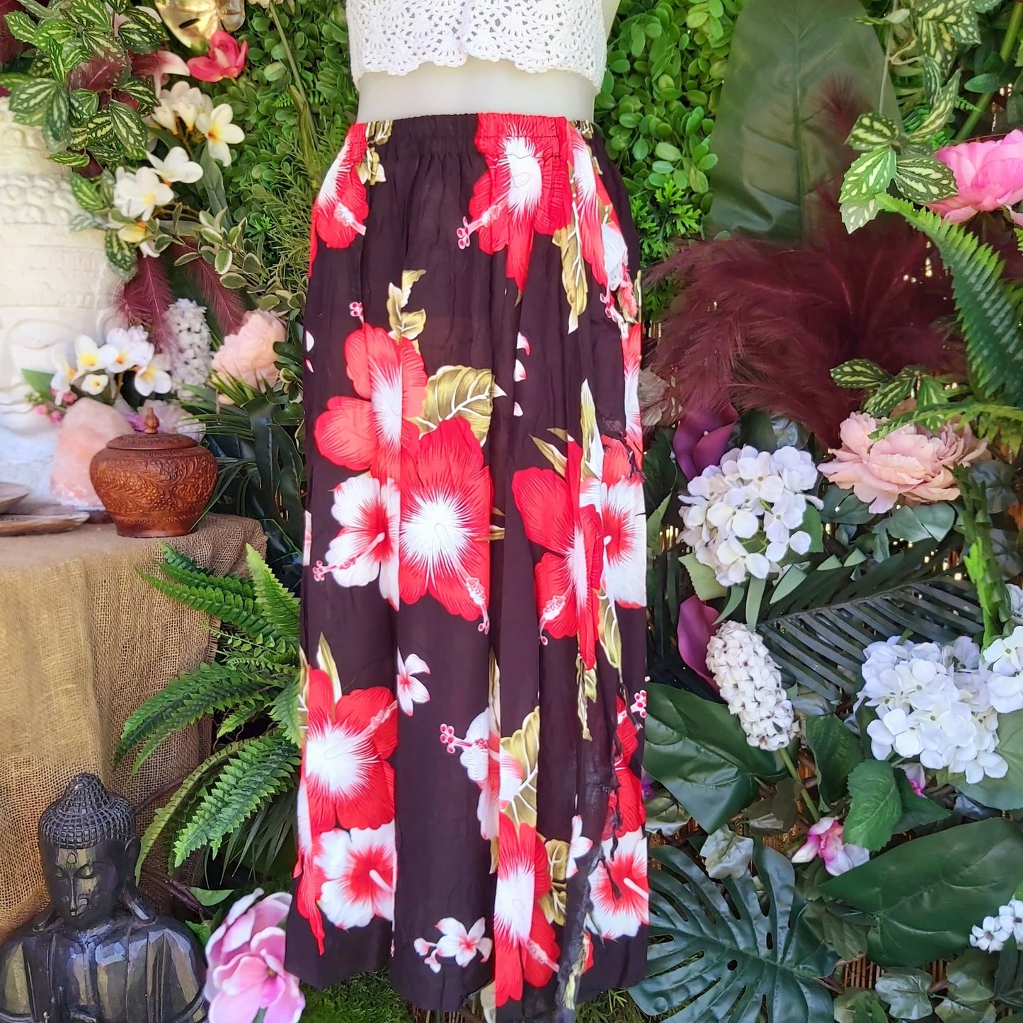 Polynesian Floral Long Red Sarong Maxi Skirt Size 12-14