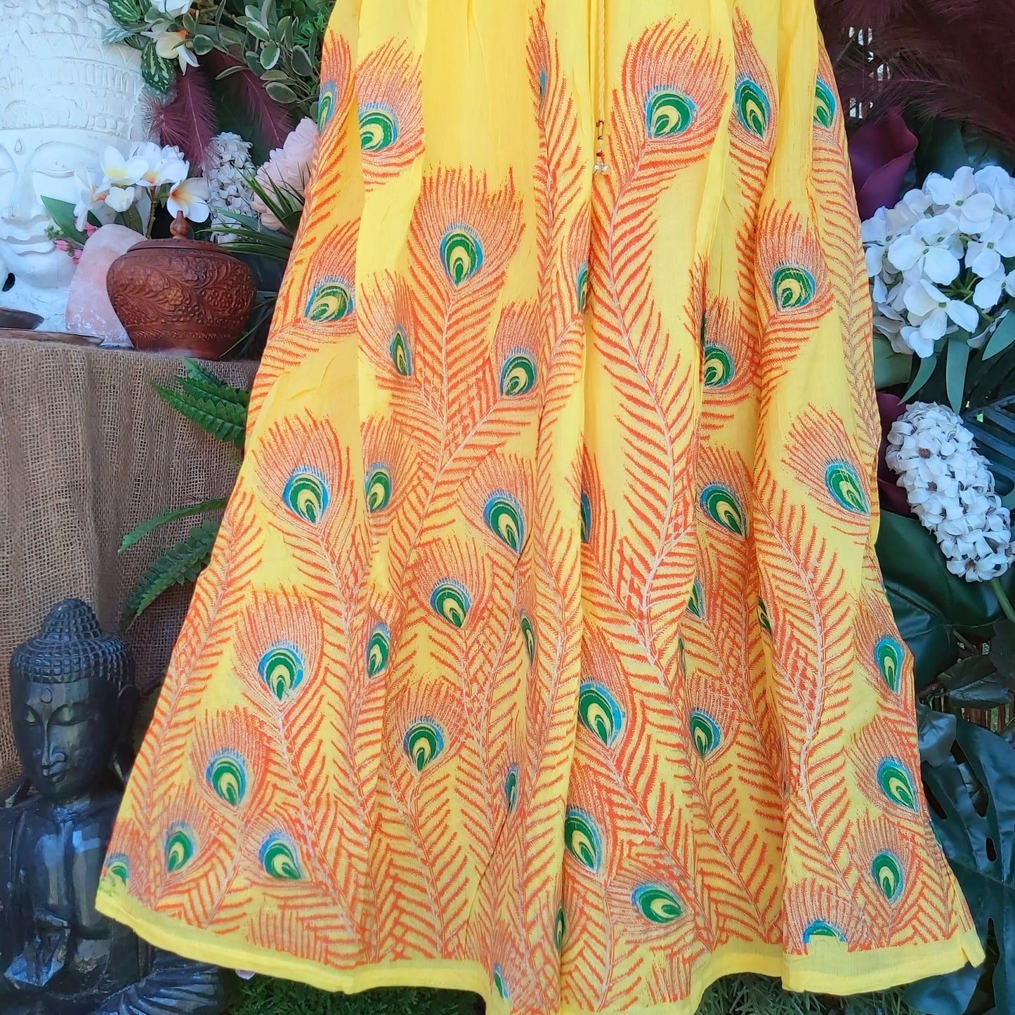 Gypsy Bohemian Peacock Long Yellow Maxi Skirt Size 14/16