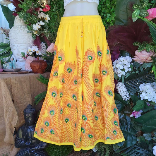 Gypsy Bohemian Peacock Long Yellow Maxi Skirt Size 14/16