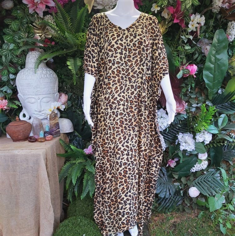 Oversized Rayon Leopard Kaftan Dress One Size Fits All 16 to 26