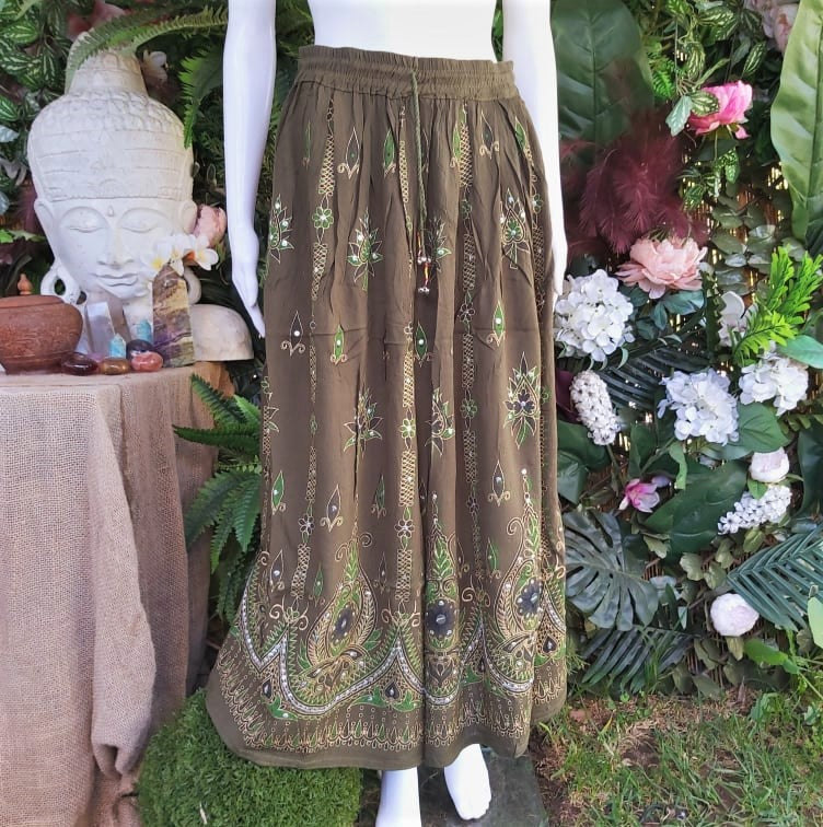 Gypsy Bohemian Long Green Maxi Skirt Elastic Waist One Size 14/16