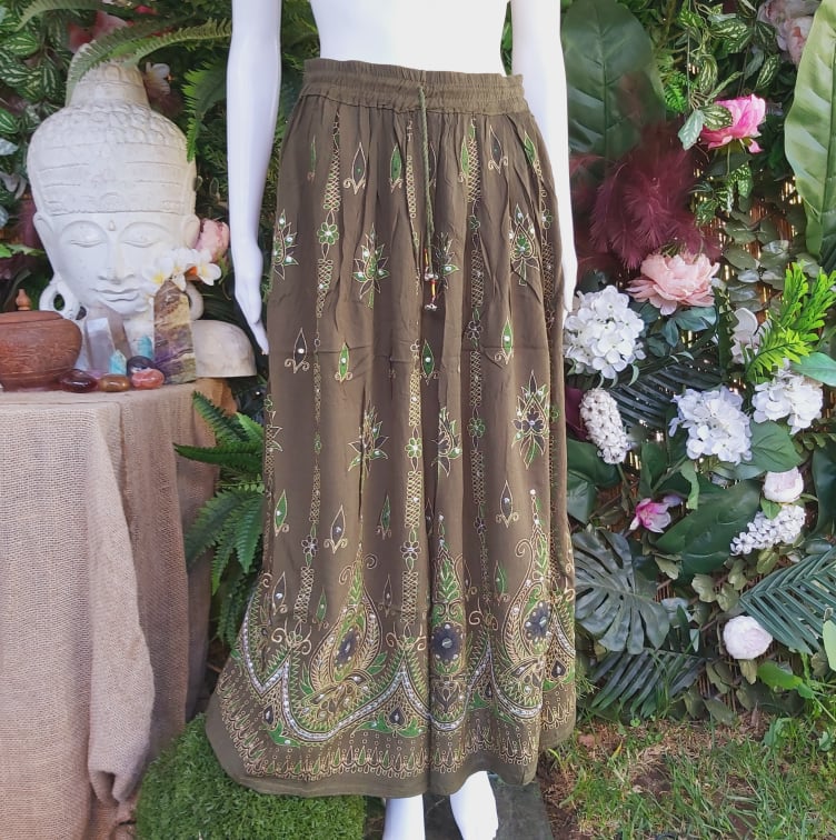 Gypsy Bohemian Long Green Maxi Skirt Elastic Waist One Size 14/16