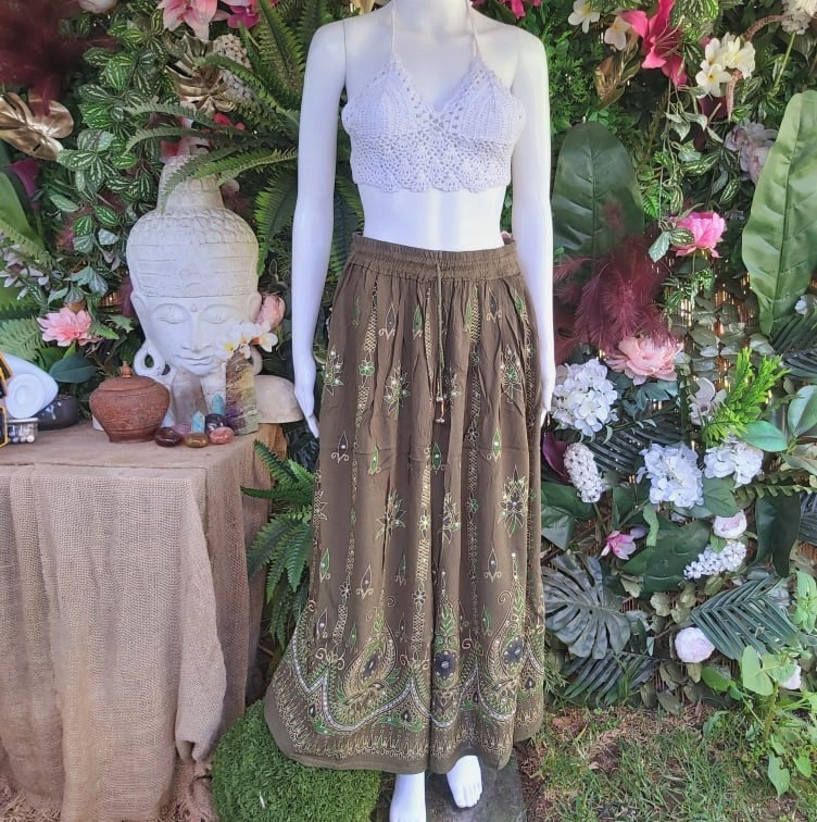 Gypsy Bohemian Long Green Maxi Skirt Elastic Waist One Size 14/16