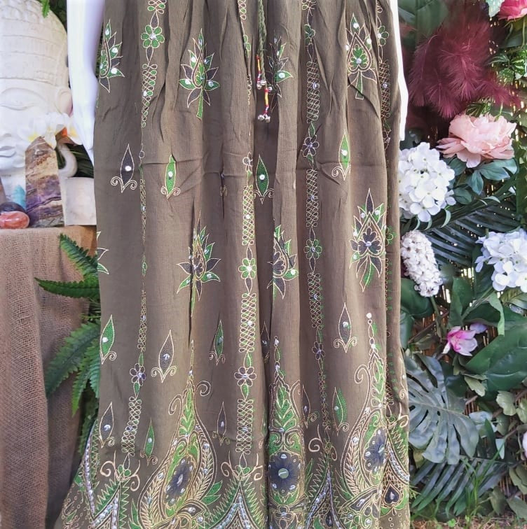 Gypsy Bohemian Long Green Maxi Skirt Elastic Waist One Size 14/16