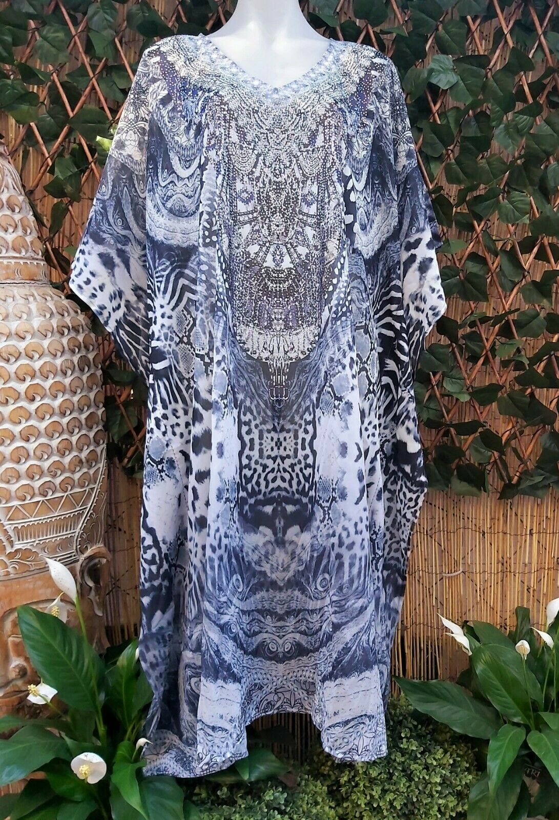 Embellished Sheer Mid Calf Paisley Animal Print Kaftan One Size Fits All 14 to 20