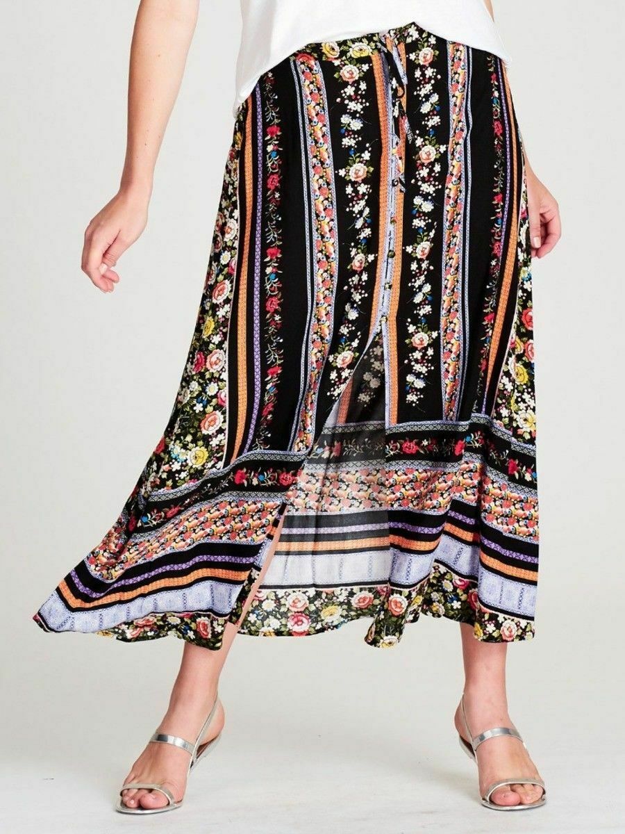 Crossroads Button Through Black Floral Maxi Skirt