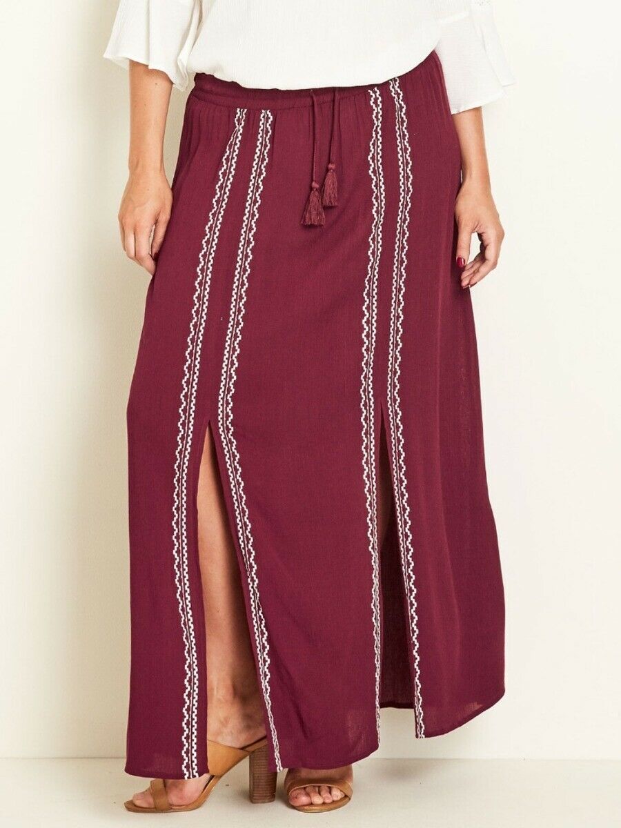 Crossroads Burgundy (Wine) Bohemian Hem Split Maxi Skirt