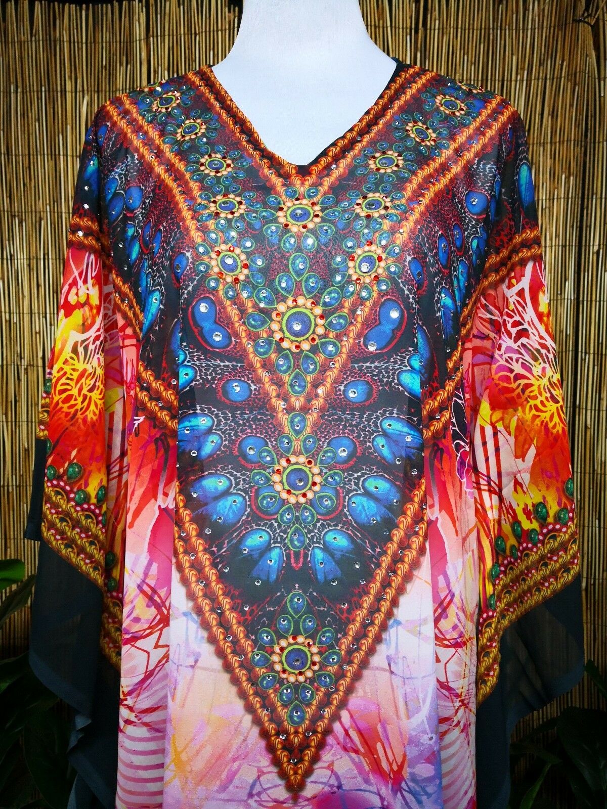 Plus Size Sheer Chiffon Embellished Kaftan Digital Printed One Size Fits All 18 to 24