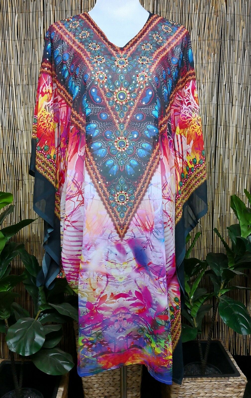 Plus Size Sheer Chiffon Embellished Kaftan Digital Printed One Size Fits All 18 to 24