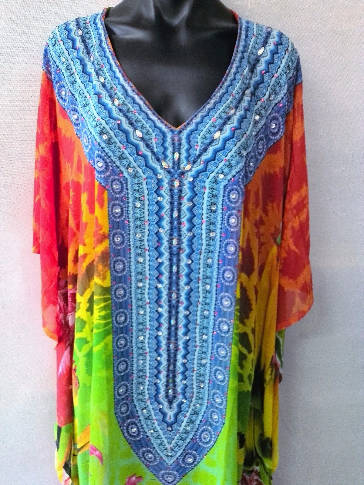 Bright Long Sheer Embellished Kaftan Tunic Digital Printed One Size Fits All 16 to 24
