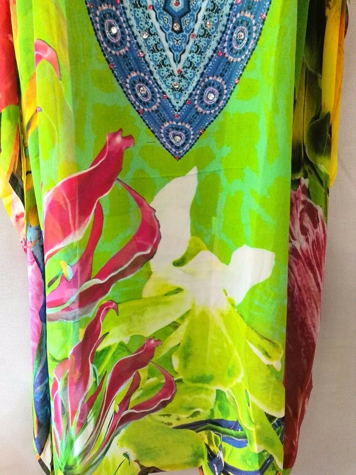 Bright Long Sheer Embellished Kaftan Tunic Digital Printed One Size Fits All 16 to 24