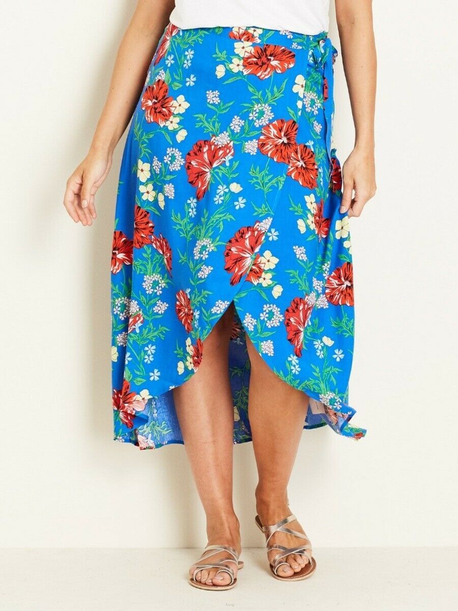 Crossroads Viscose Blue Polynesian Floral Wrap Maxi Skirt